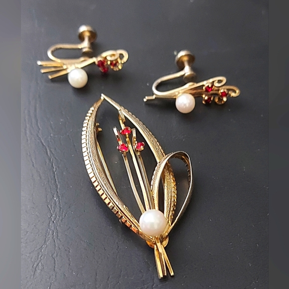 Emby Brooch and Earrings, 40's Brooch and Earring Set, Gold Over Sterling Silver - Picture 1 of 9